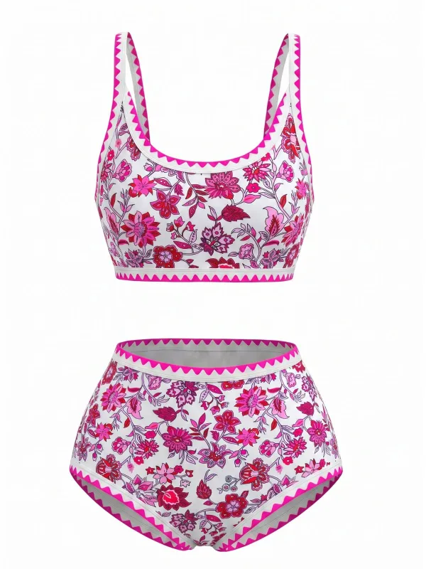 Pink 1950s Scoop Neck Floral High-Waist Bikini Set made by Retro Stage