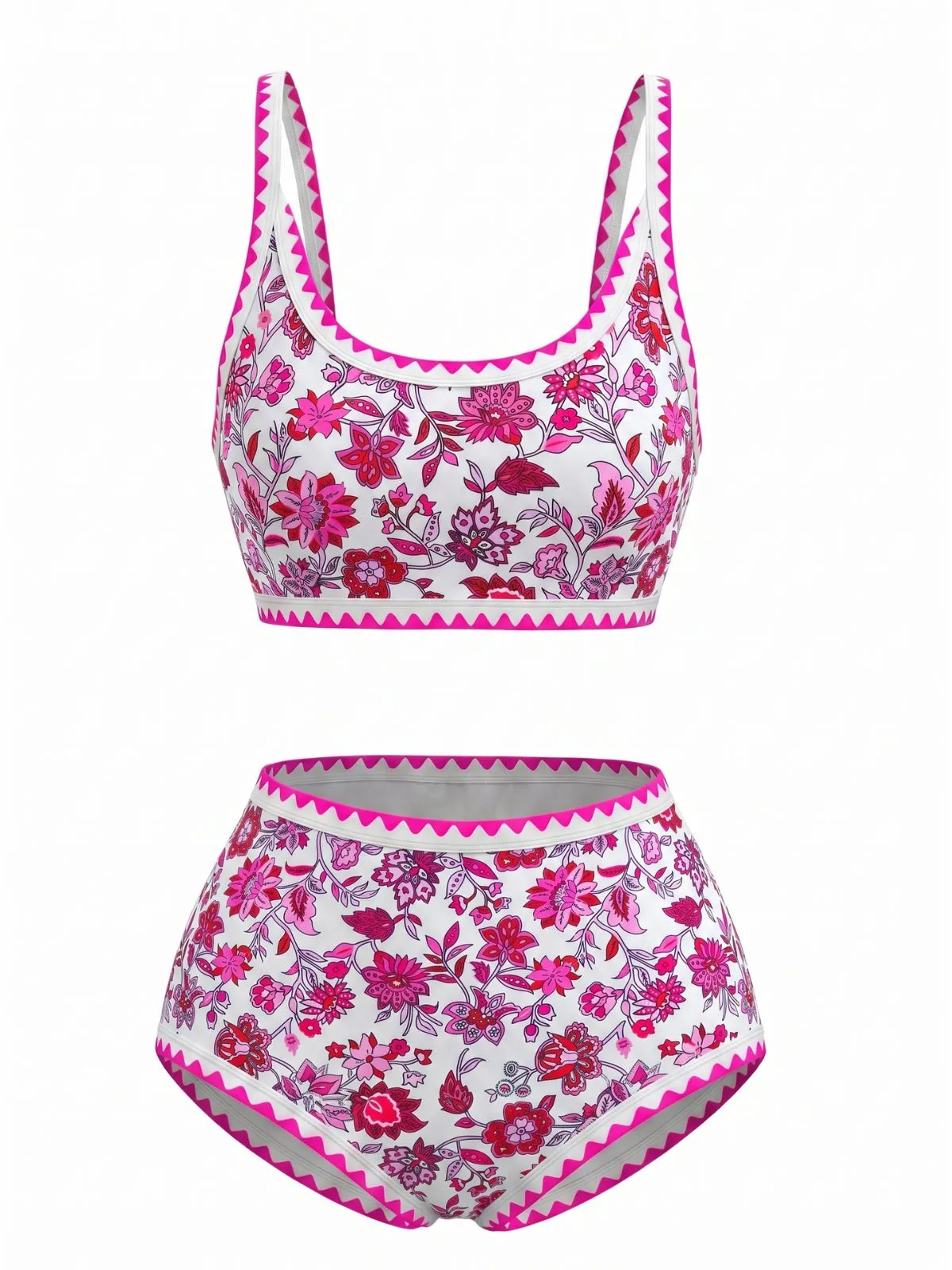 Pink 1950s Scoop Neck Floral High-Waist Bikini Set sold by Retro Stage