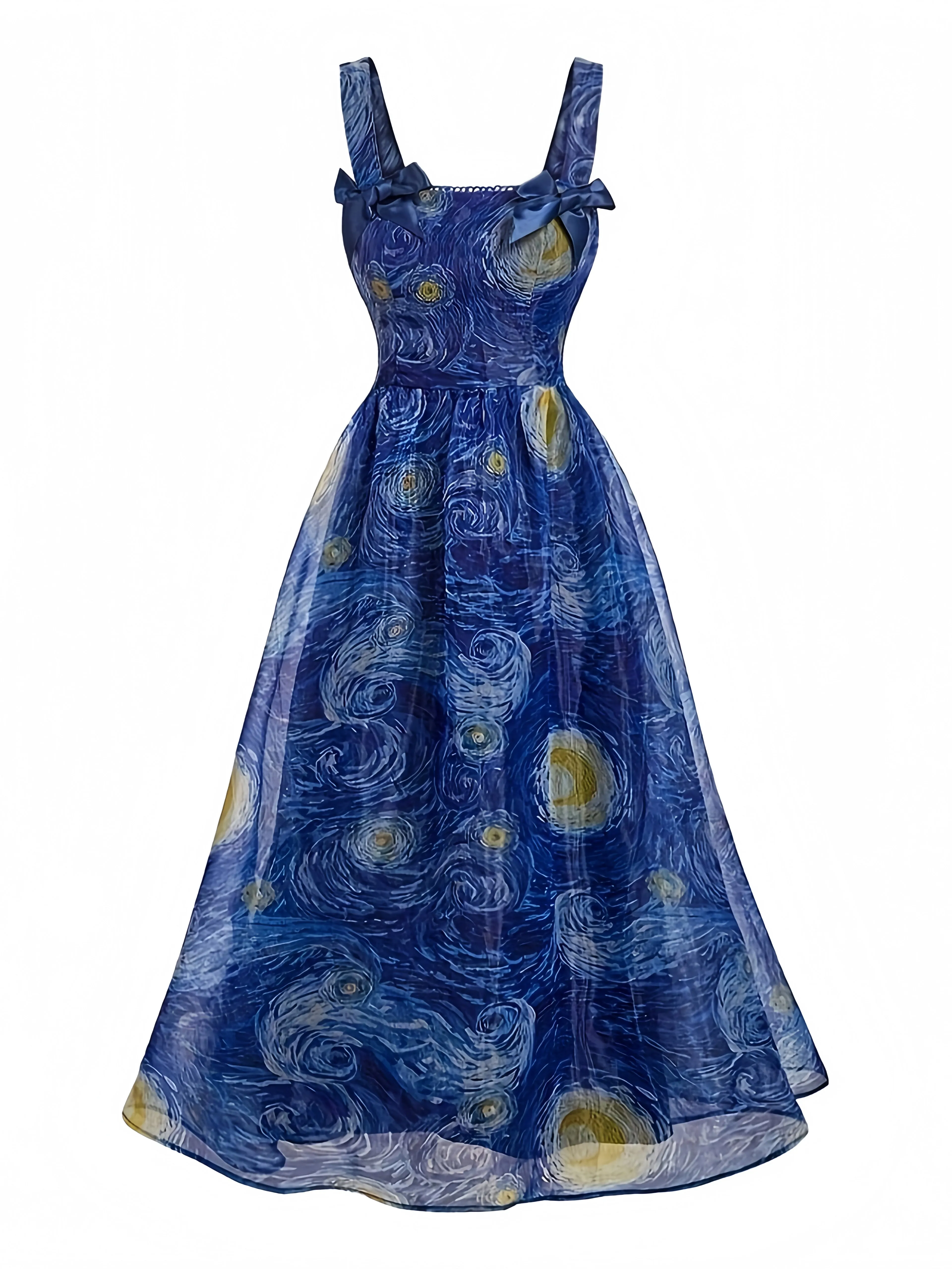 Blue 1940s Square Neck Starry Night Bow Swing Dress sold by Retro Stage product image thumbnail 2