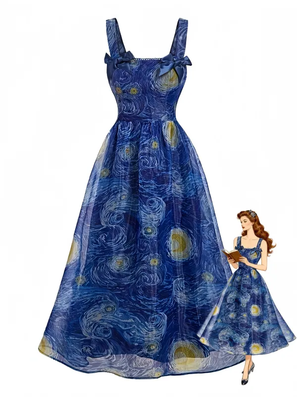 Blue 1940s Square Neck Starry Night Bow Swing Dress made by Retro Stage