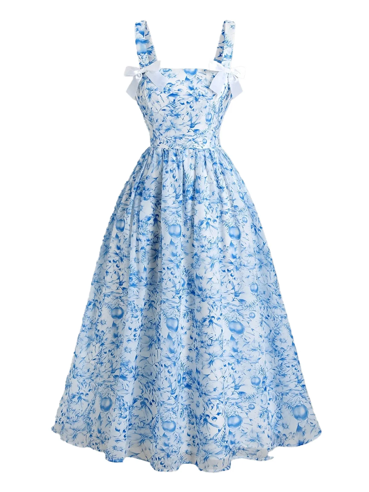Blue 1940s Square Neck Starry Night Bow Swing Dress sold by Retro Stage product image thumbnail 4