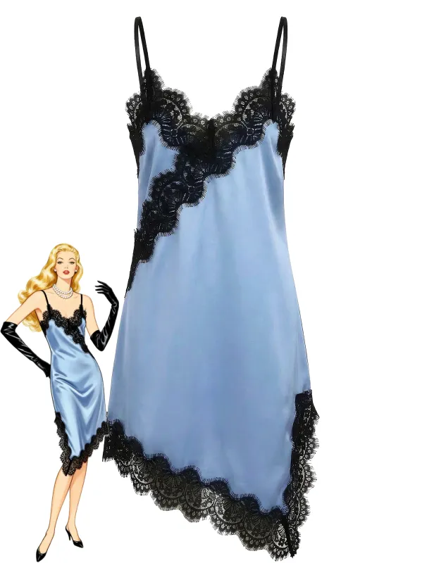 Dark Blue 1960s Satin Lace Spaghetti Strap Nightgown made by Retro Stage
