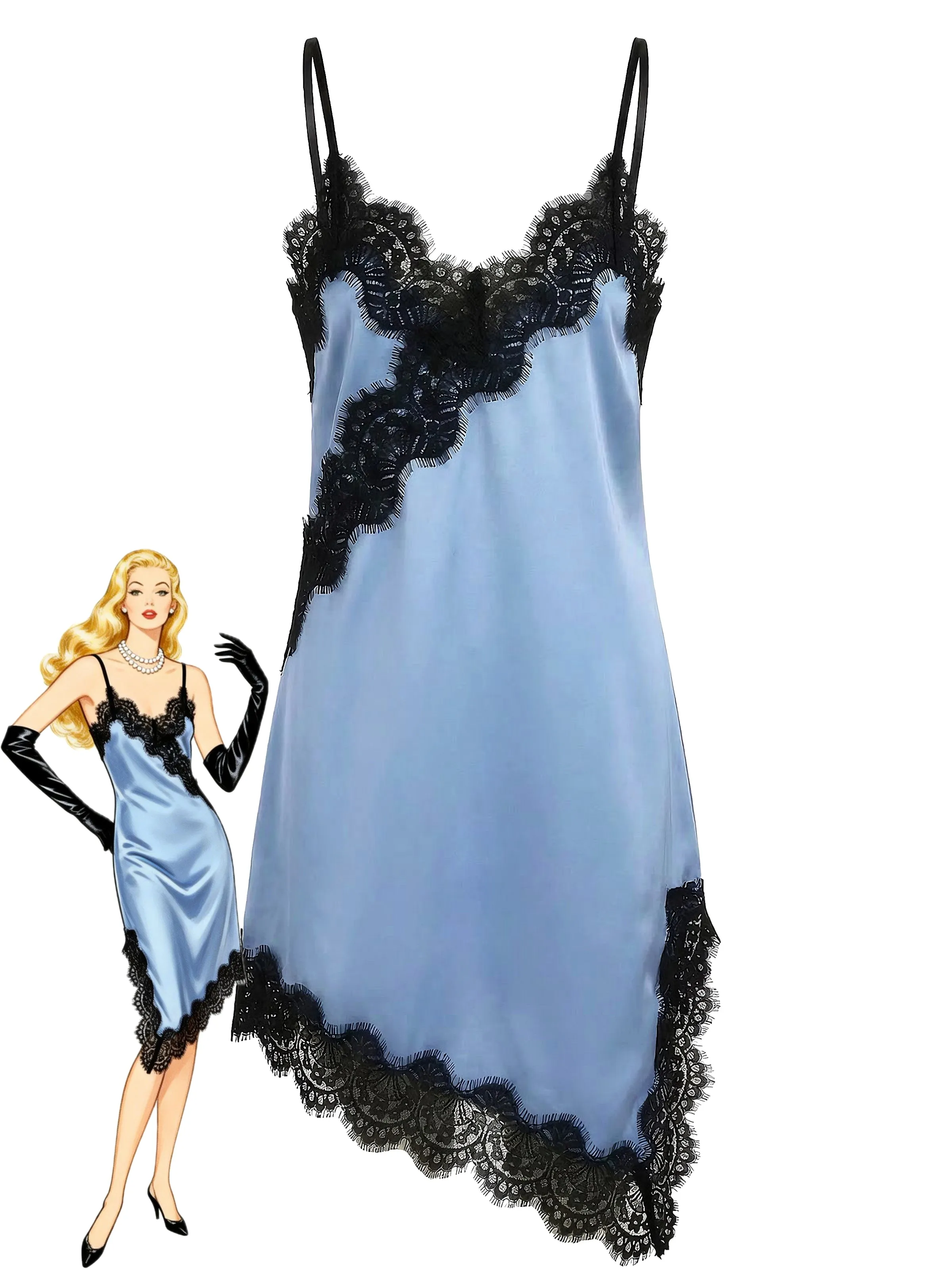 Dark Blue 1960s Satin Lace Spaghetti Strap Nightgown sold by Retro Stage