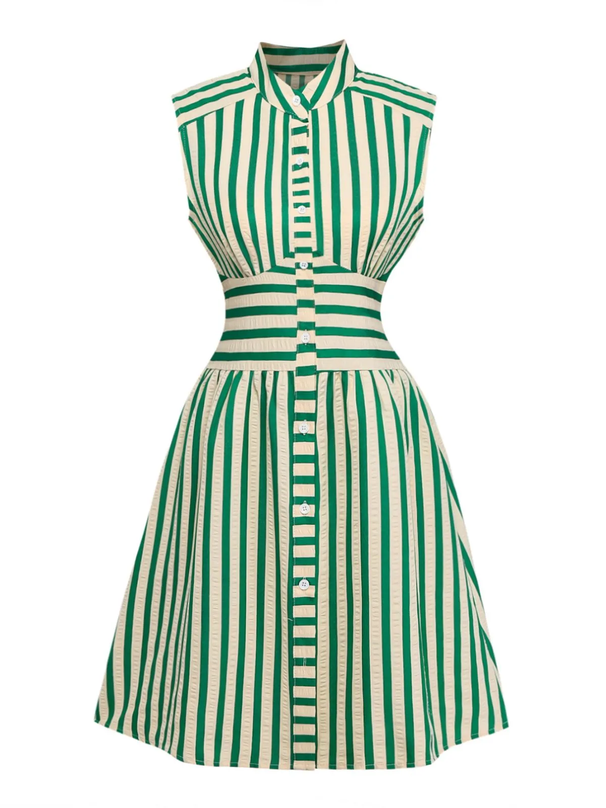 Green 1940s Striped Single-Breasted Sleeveless Dress sold by Retro Stage product image thumbnail 2