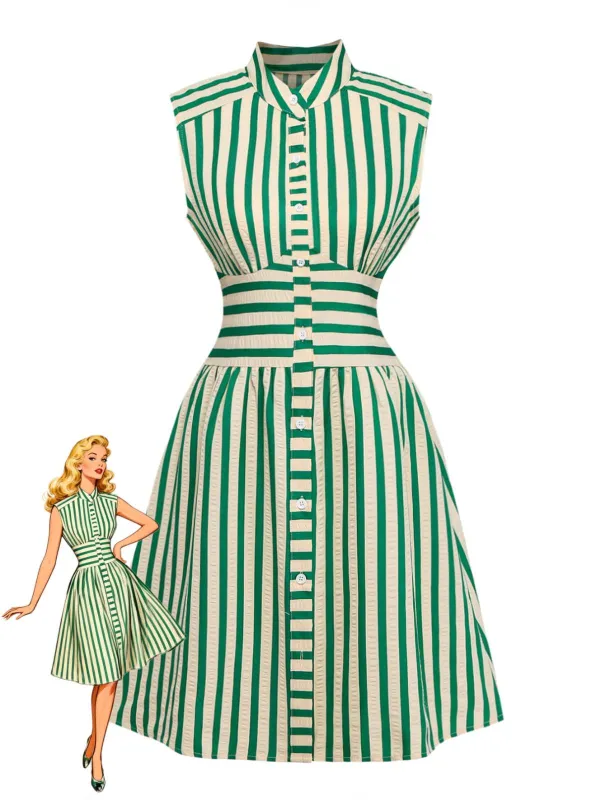Green 1940s Striped Single-Breasted Sleeveless Dress made by Retro Stage