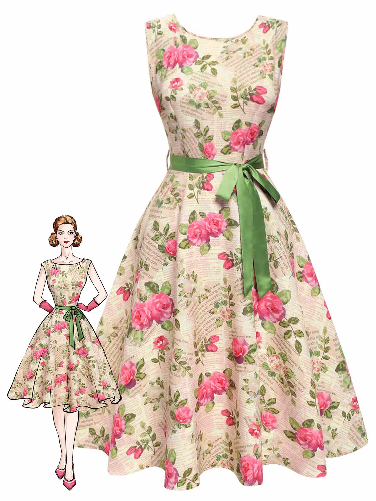 Multicolor 1950s Rose Pictorial Belted Dress sold by Retro Stage