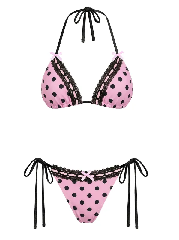 Pink 1940s Polka Dot Lace Bikini Set made by Retro Stage
