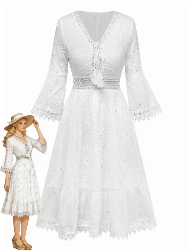 White 1940s Hollow Tassel Embroidered Cover-Up Dress made by Retro Stage