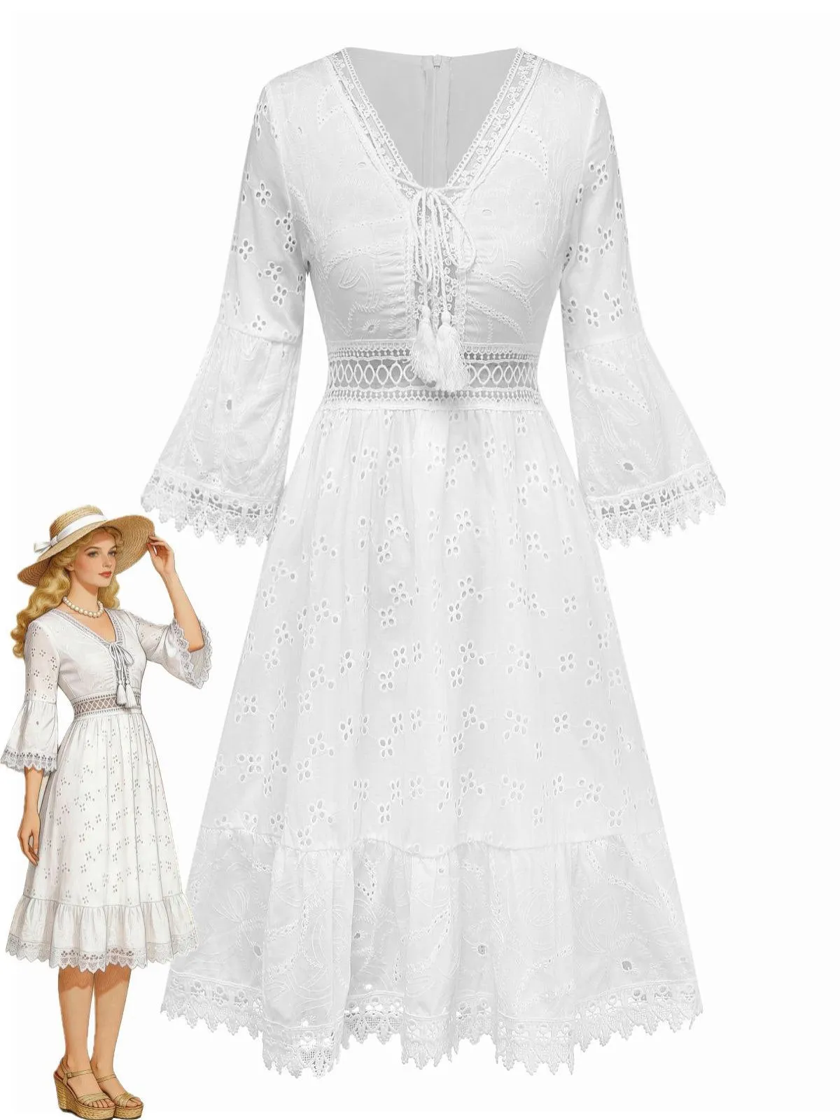 White 1940s Hollow Tassel Embroidered Cover-Up Dress sold by Retro Stage