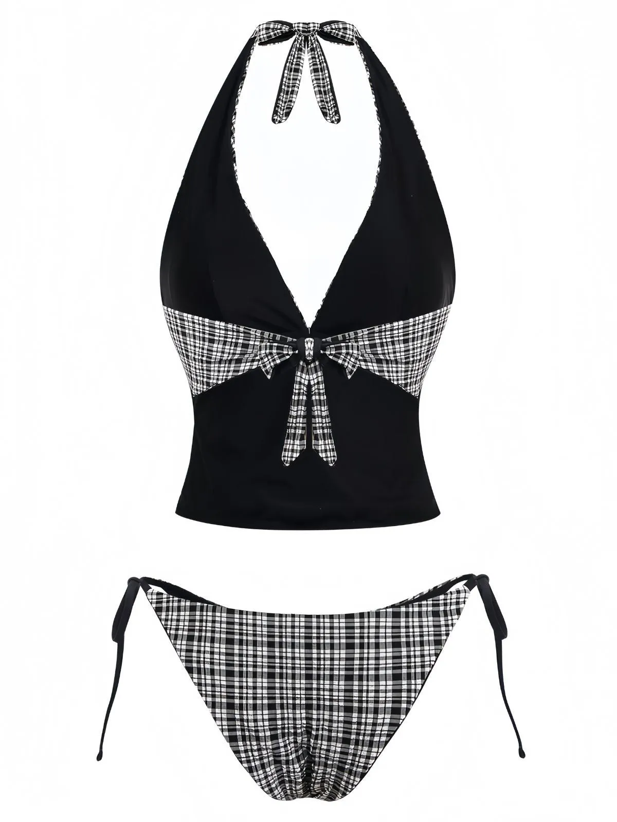 Black 1960s Plaid Deep V Halter Tankini Set sold by Retro Stage product image thumbnail 3