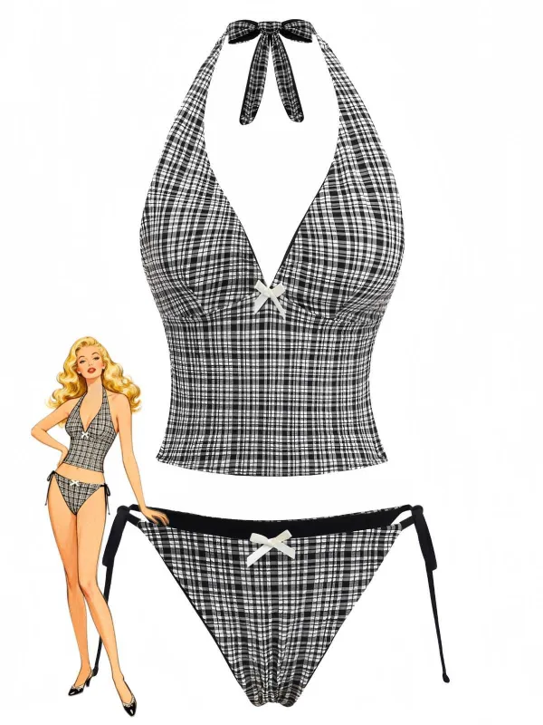 Black 1960s Plaid Deep V Halter Tankini Set made by Retro Stage