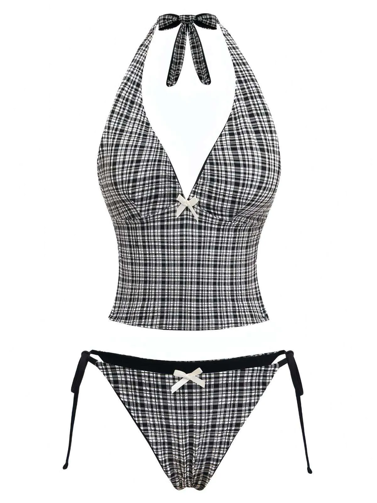 Black 1960s Plaid Deep V Halter Tankini Set sold by Retro Stage product image thumbnail 2
