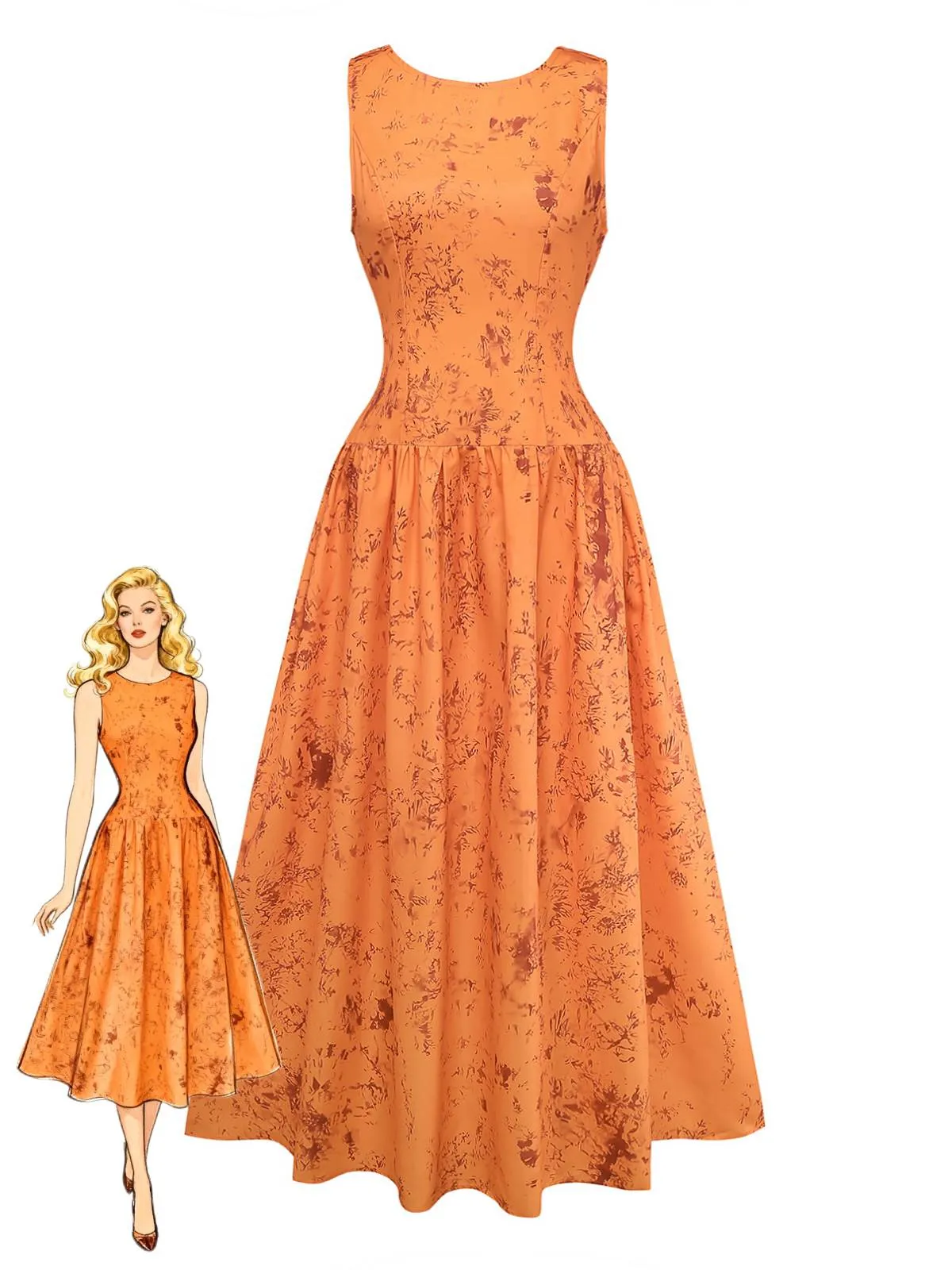 Orange 1930s Cotton Sleeveless Printed Fitted Dress sold by Retro Stage