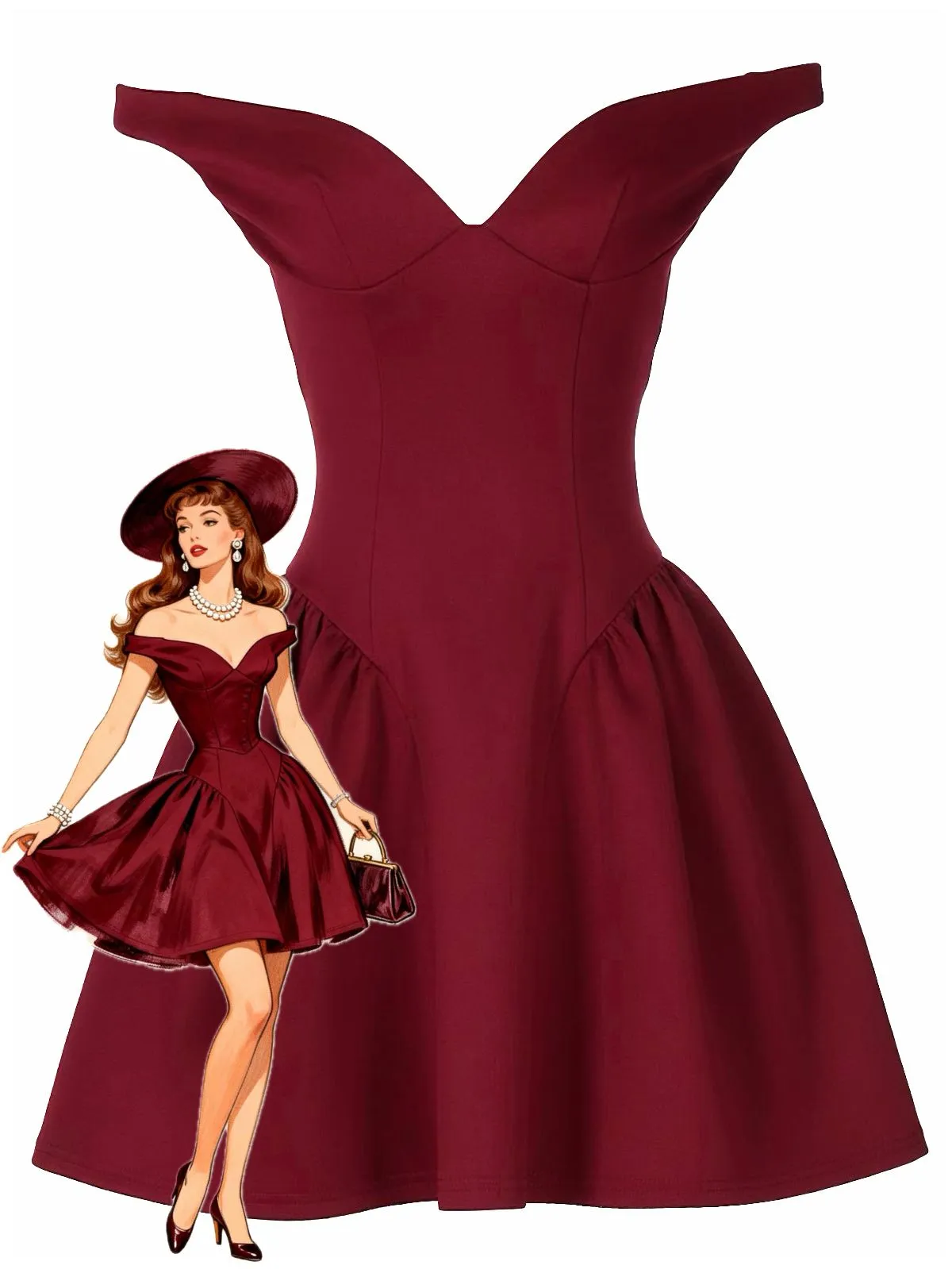 1970s Solid Off-Shoulder Deep V-Neck Skater Dress sold by Retro Stage product image thumbnail 3