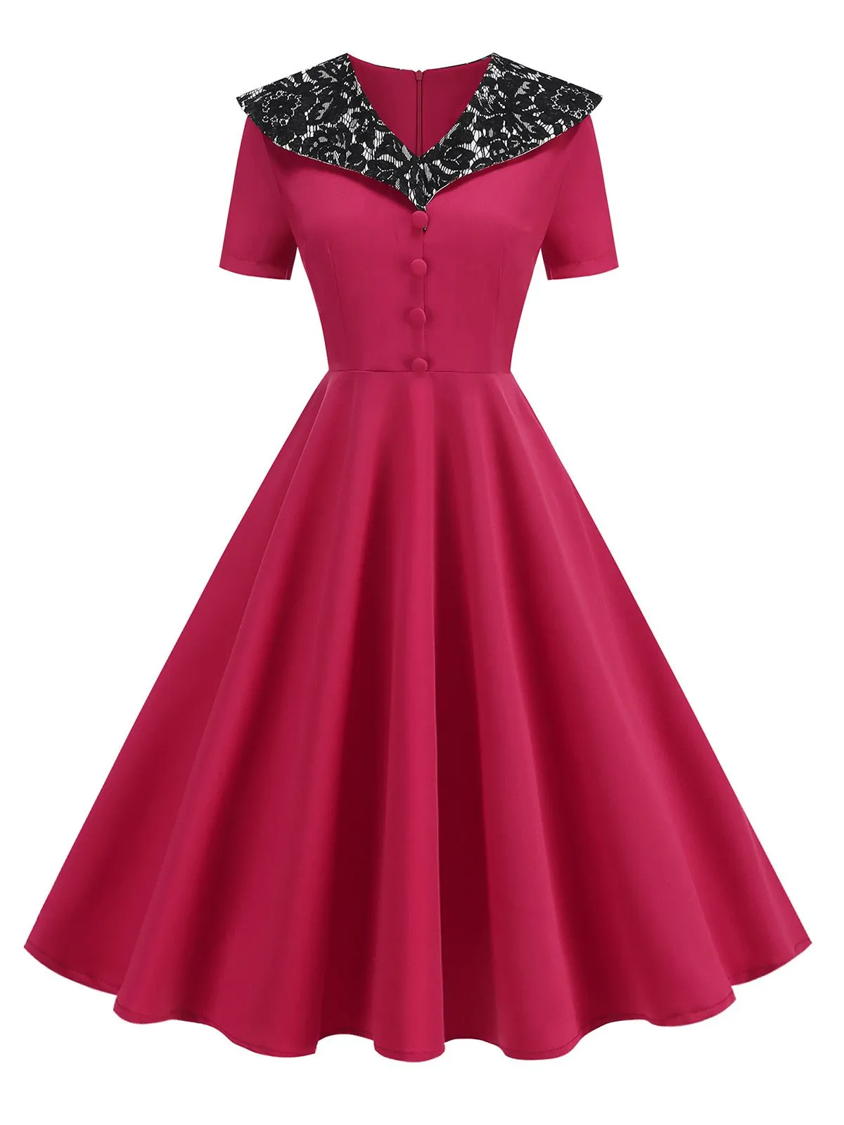 Red 1950s Lace Floral Sailor Collar Swing Dress sold by Retro Stage product image thumbnail 2