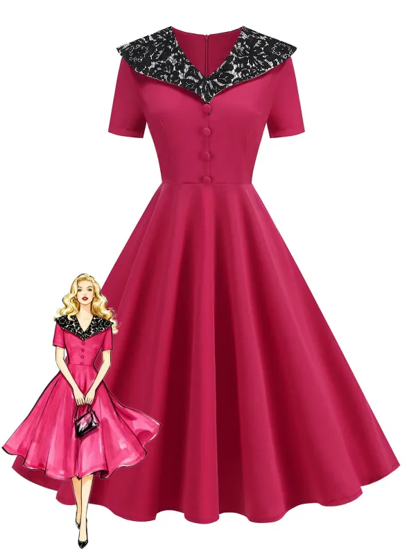 Red 1950s Lace Floral Sailor Collar Swing Dress made by Retro Stage