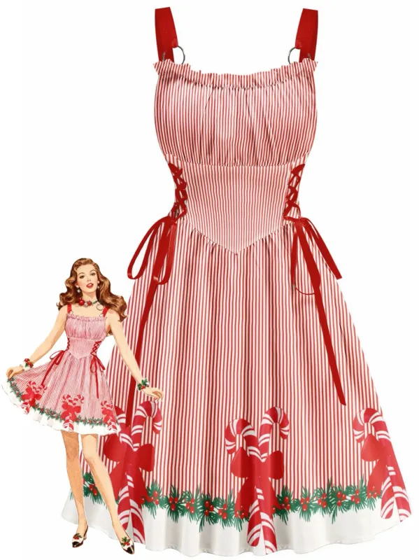 Red 1950s Christmas Candy Cane Striped Lace-Up Holiday Dress made by Retro Stage