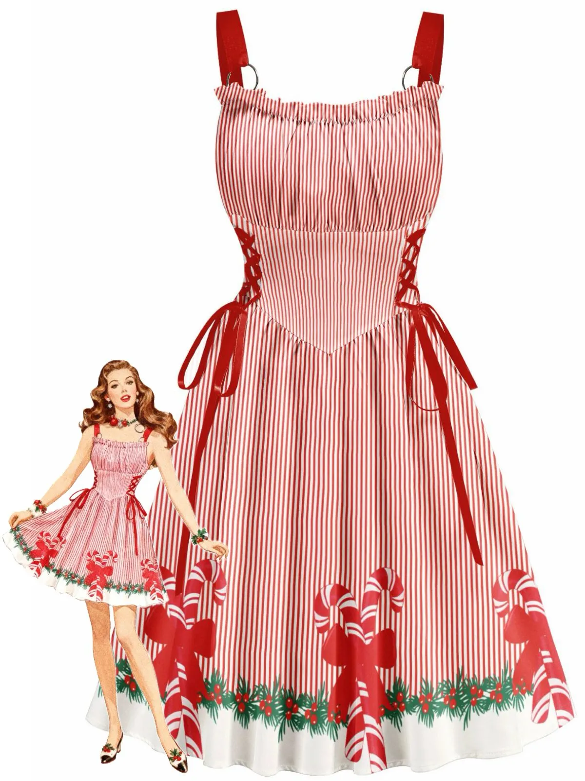 Red 1950s Christmas Candy Cane Striped Lace-Up Holiday Dress sold by Retro Stage