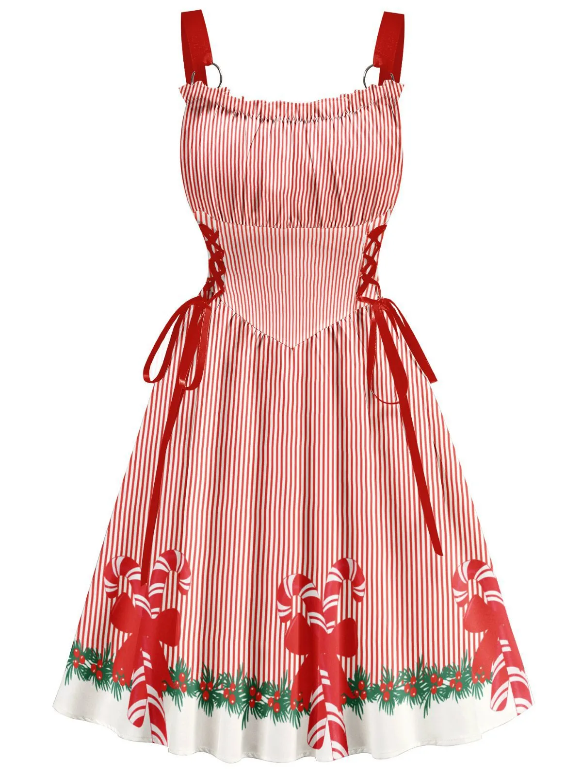 Red 1950s Christmas Candy Cane Striped Lace-Up Holiday Dress sold by Retro Stage product image thumbnail 2