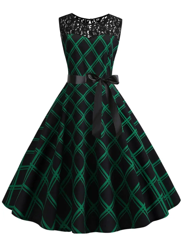 Green & Black 1950s Plaid Lace Patchwork Dress made by Retro Stage