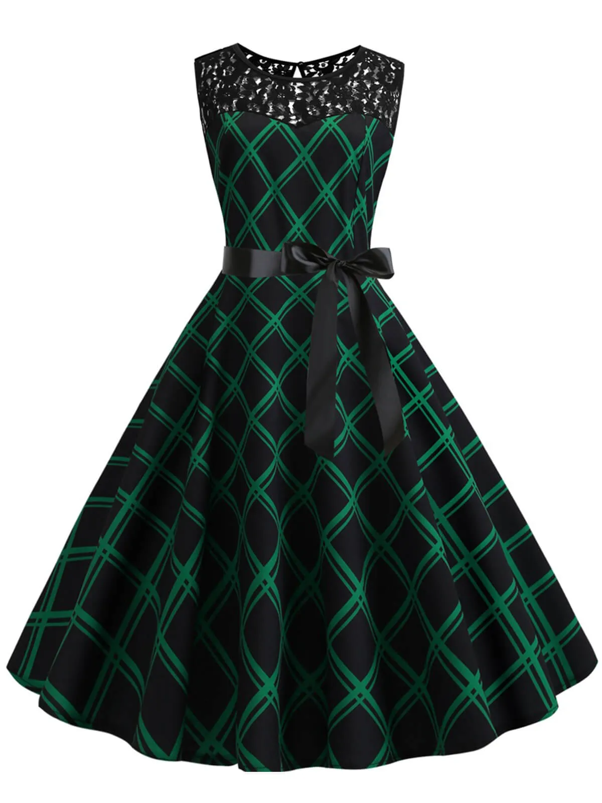 Green & Black 1950s Plaid Lace Patchwork Dress sold by Retro Stage