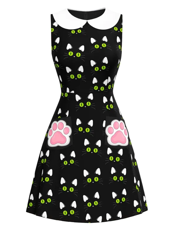 Black 1960s Cat Print Paw Pockets Dress made by Retro Stage