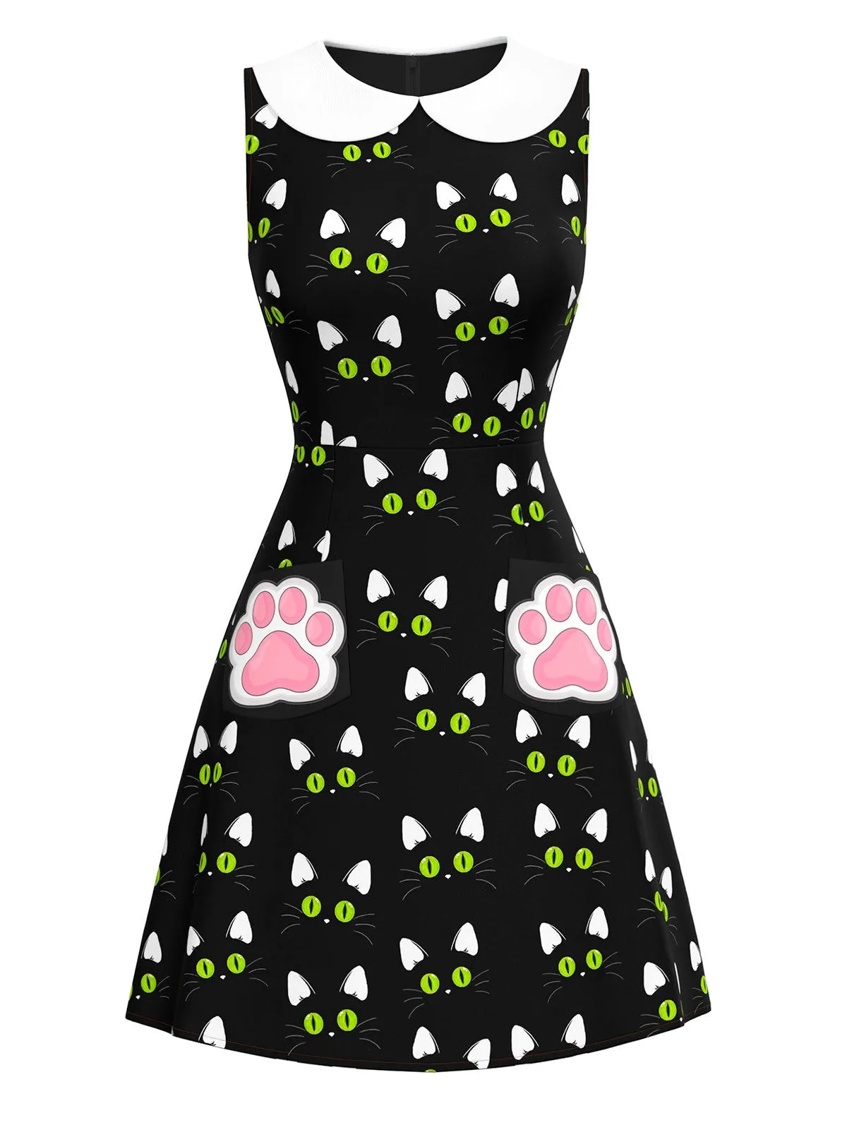 Black 1960s Cat Print Paw Pockets Dress sold by Retro Stage