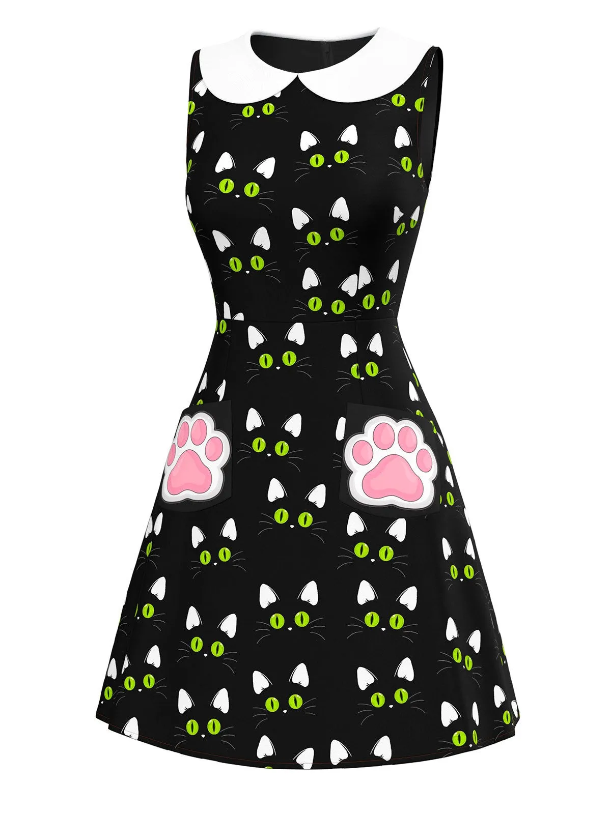 Black 1960s Cat Print Paw Pockets Dress sold by Retro Stage product image thumbnail 2