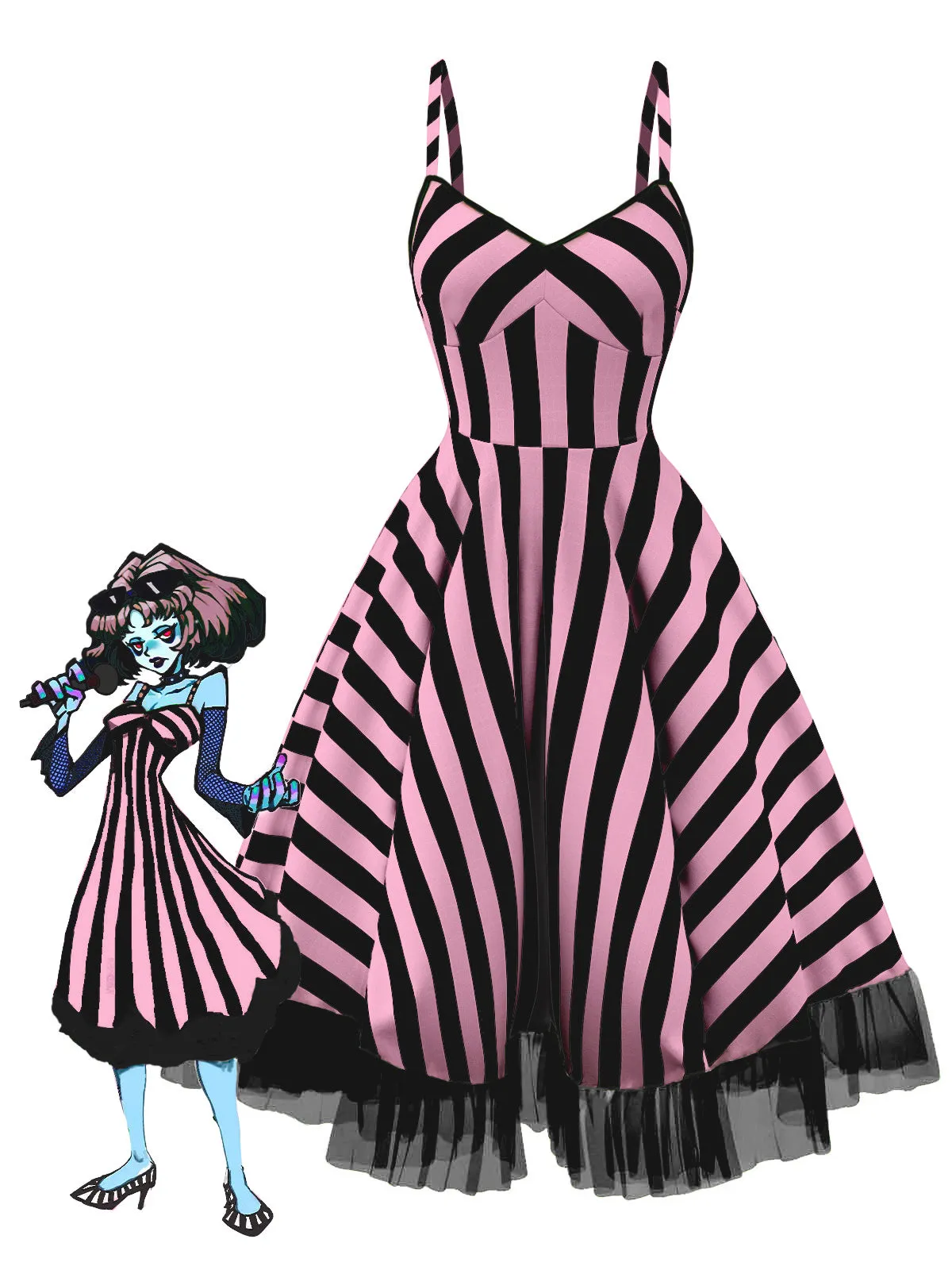 Black&Pink 1950s Striped Fluorescent Black Lace Dress sold by Retro Stage