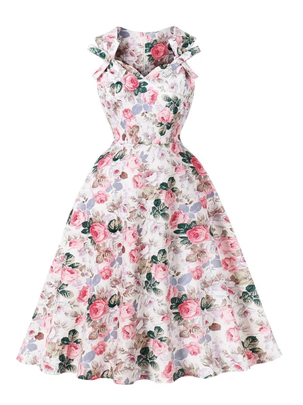 Pink 1950s Floral Bow Sweetheart Neck Swing Dress made by Retro Stage