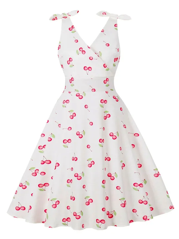 White 1950s Cherry Sleeveless V-Neck Dress made by Retro Stage