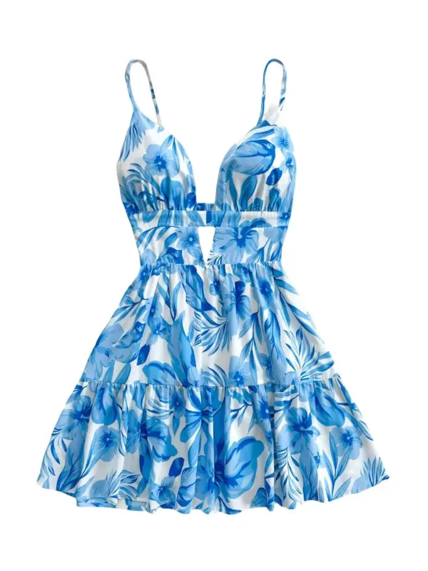 Blue 1960s Floral Cut-Out V-Neck Dress made by Retro Stage