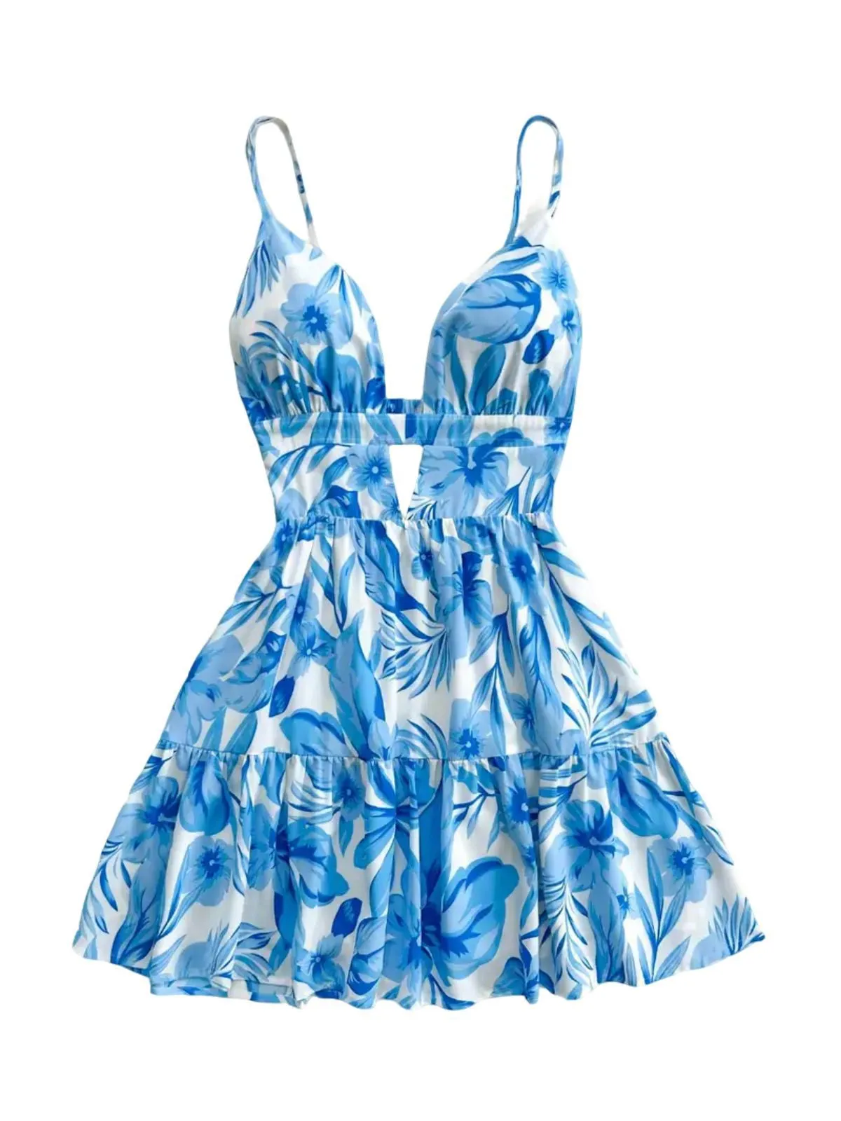 Blue 1960s Floral Cut-Out V-Neck Dress sold by Retro Stage