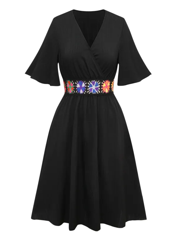 Black 1940s Embroidery Boho V-Neck Dress made by Retro Stage