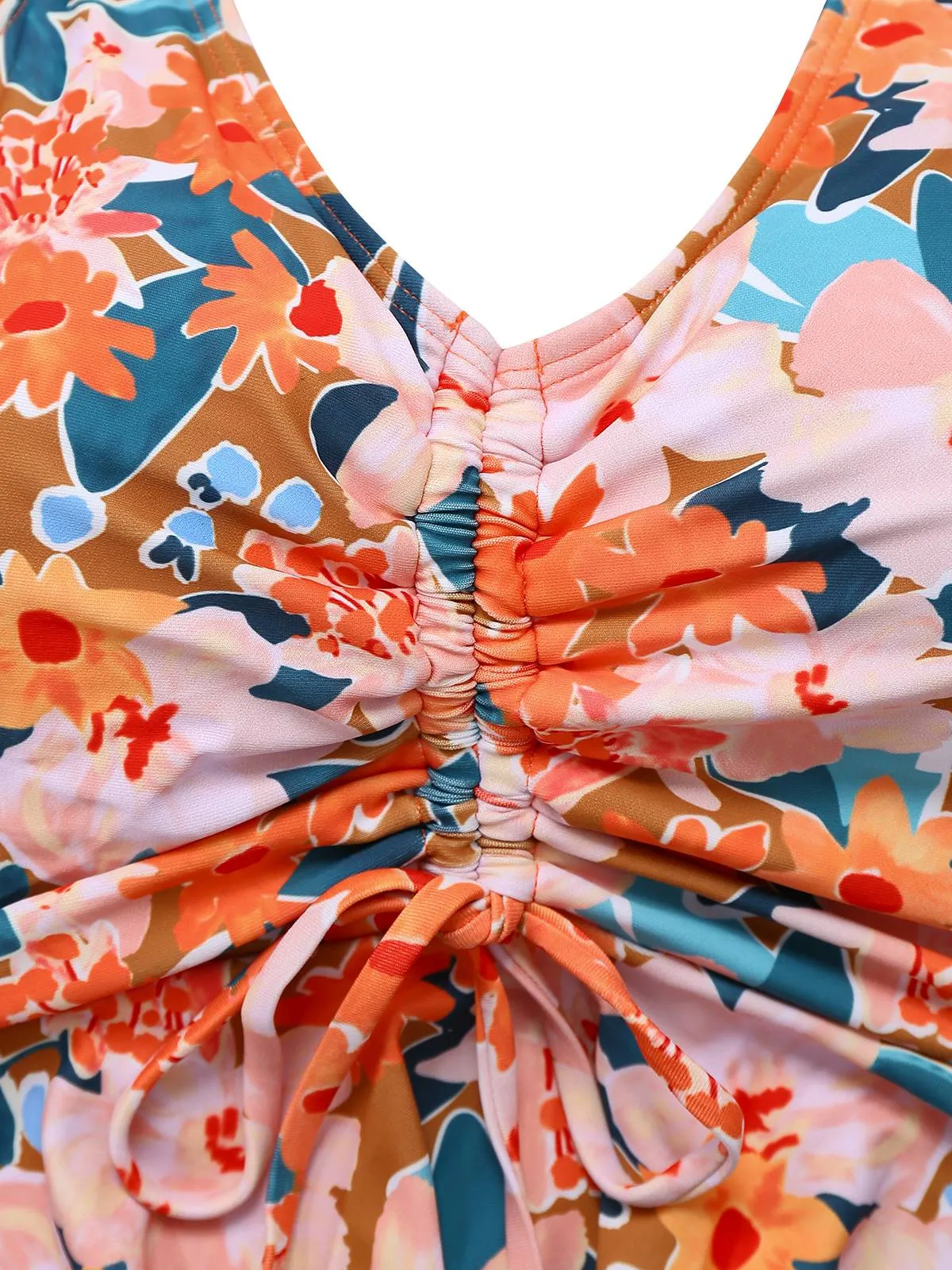 Orange 1970s Floral Drawstring Spaghetti Straps Tankini Set sold by Retro Stage product image thumbnail 3