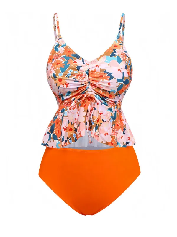 Orange 1970s Floral Drawstring Spaghetti Straps Tankini Set made by Retro Stage