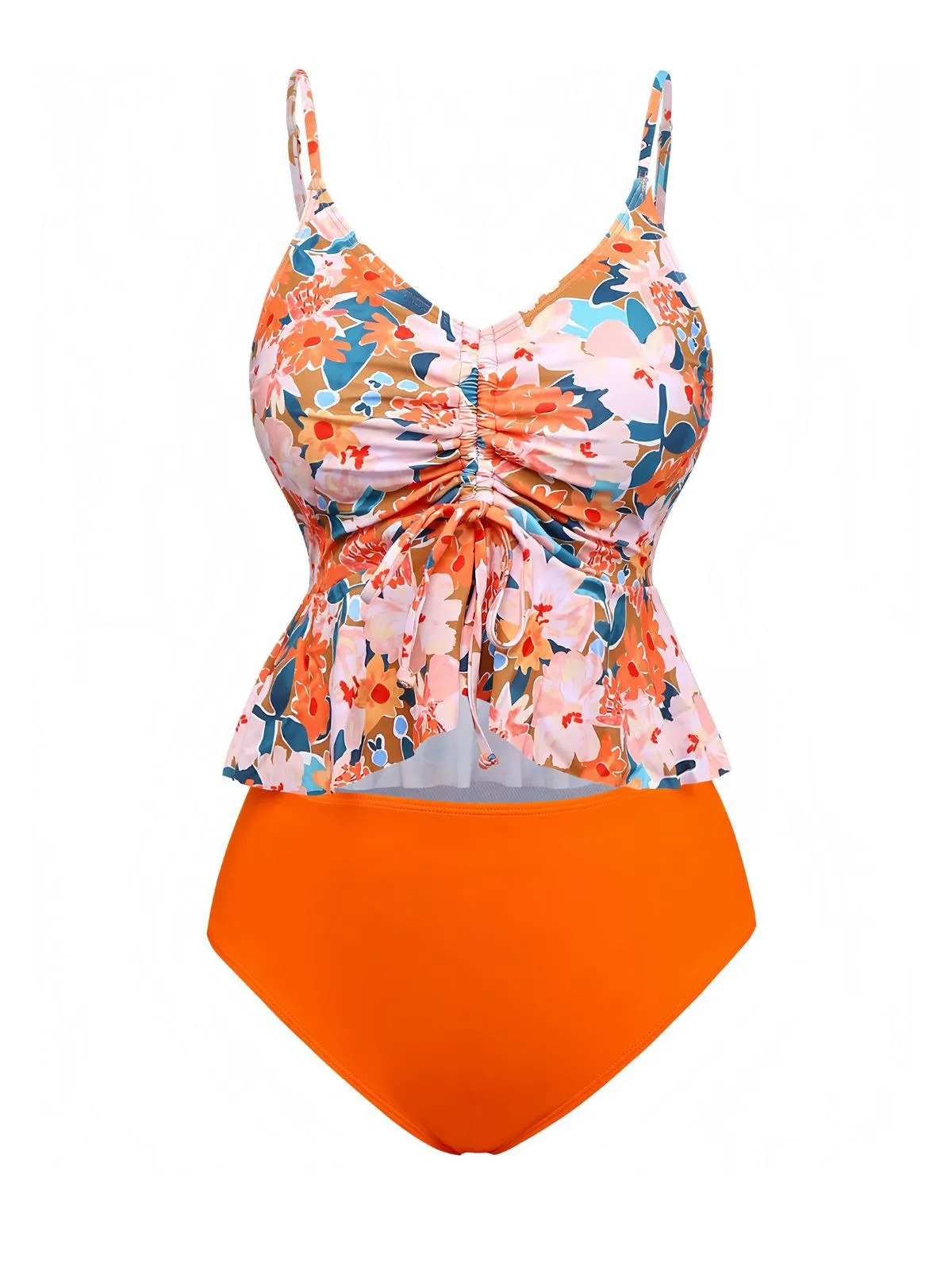 Orange 1970s Floral Drawstring Spaghetti Straps Tankini Set sold by Retro Stage