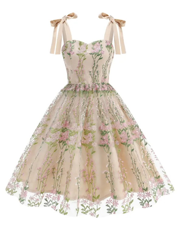 1950s Embroidered Mesh Lace-Up Sweetheart Neck Dress made by Retro Stage