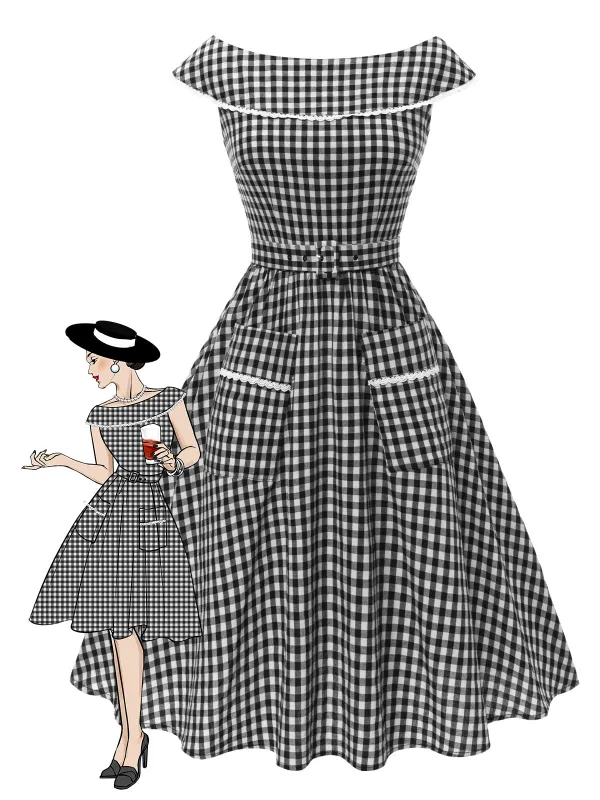 Black 1950s Gingham Plaid Lace Trim Belted Dress made by Retro Stage