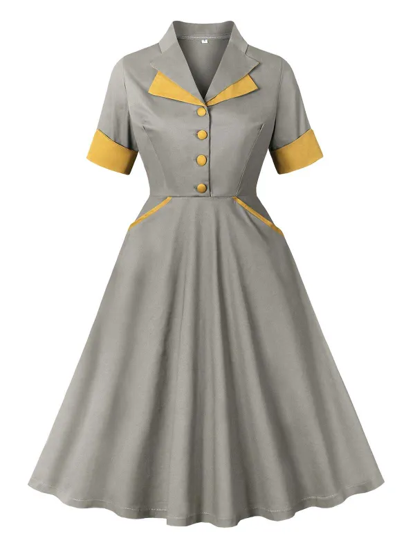 Gray 1950s Lapel Pocketed Swing Dress made by Retro Stage