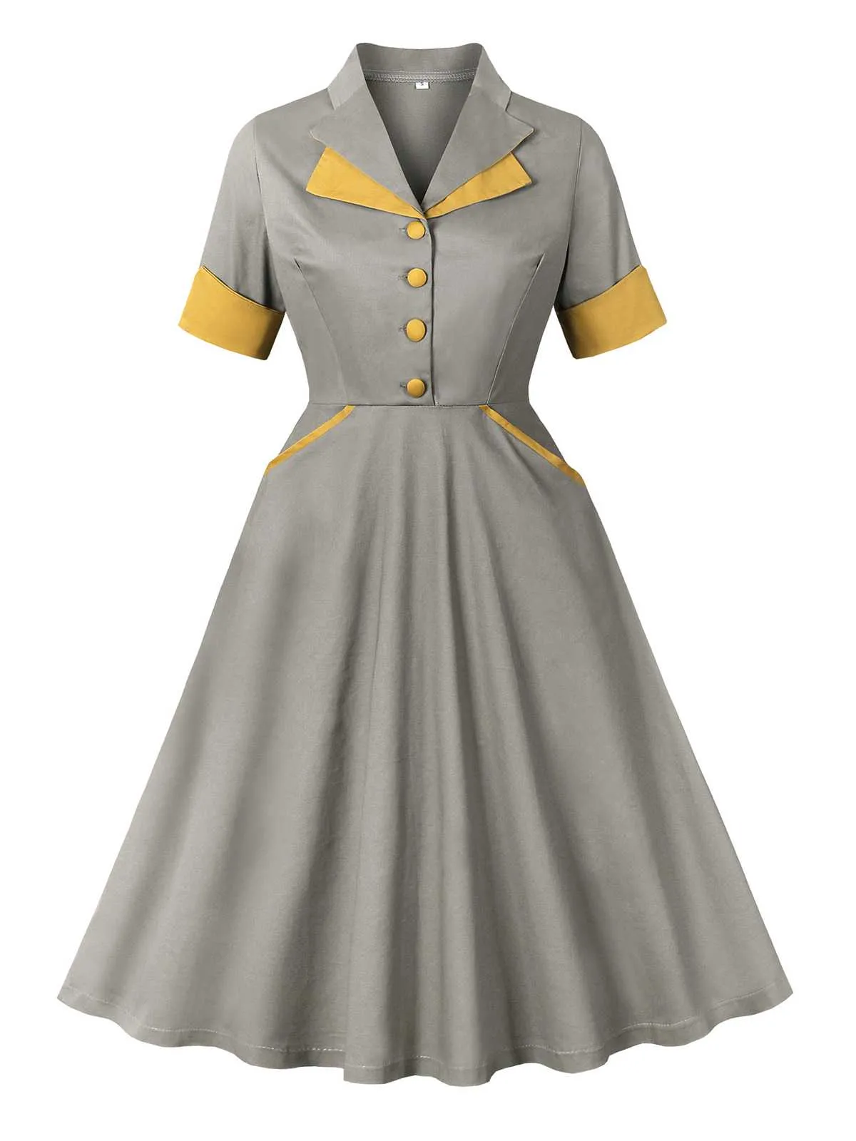 Gray 1950s Lapel Pocketed Swing Dress sold by Retro Stage