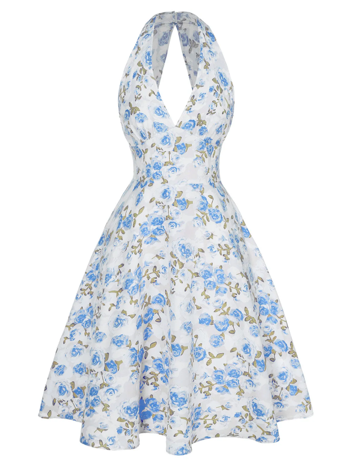 Blue 1950s Floral V-Neck Dress sold by Retro Stage