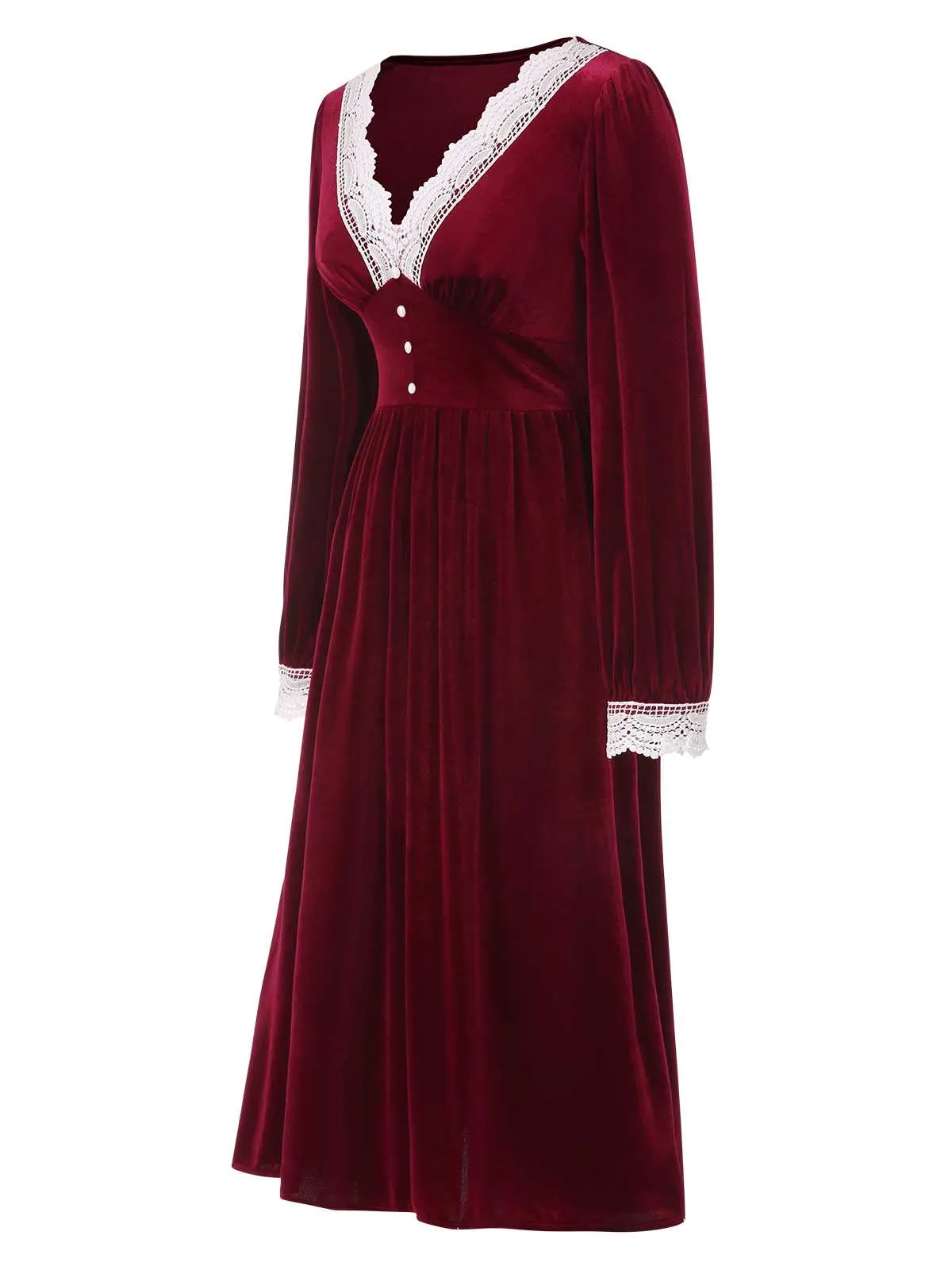 Wine Red 1940s V-Neck Velvet Lace Dress sold by Retro Stage product image thumbnail 2