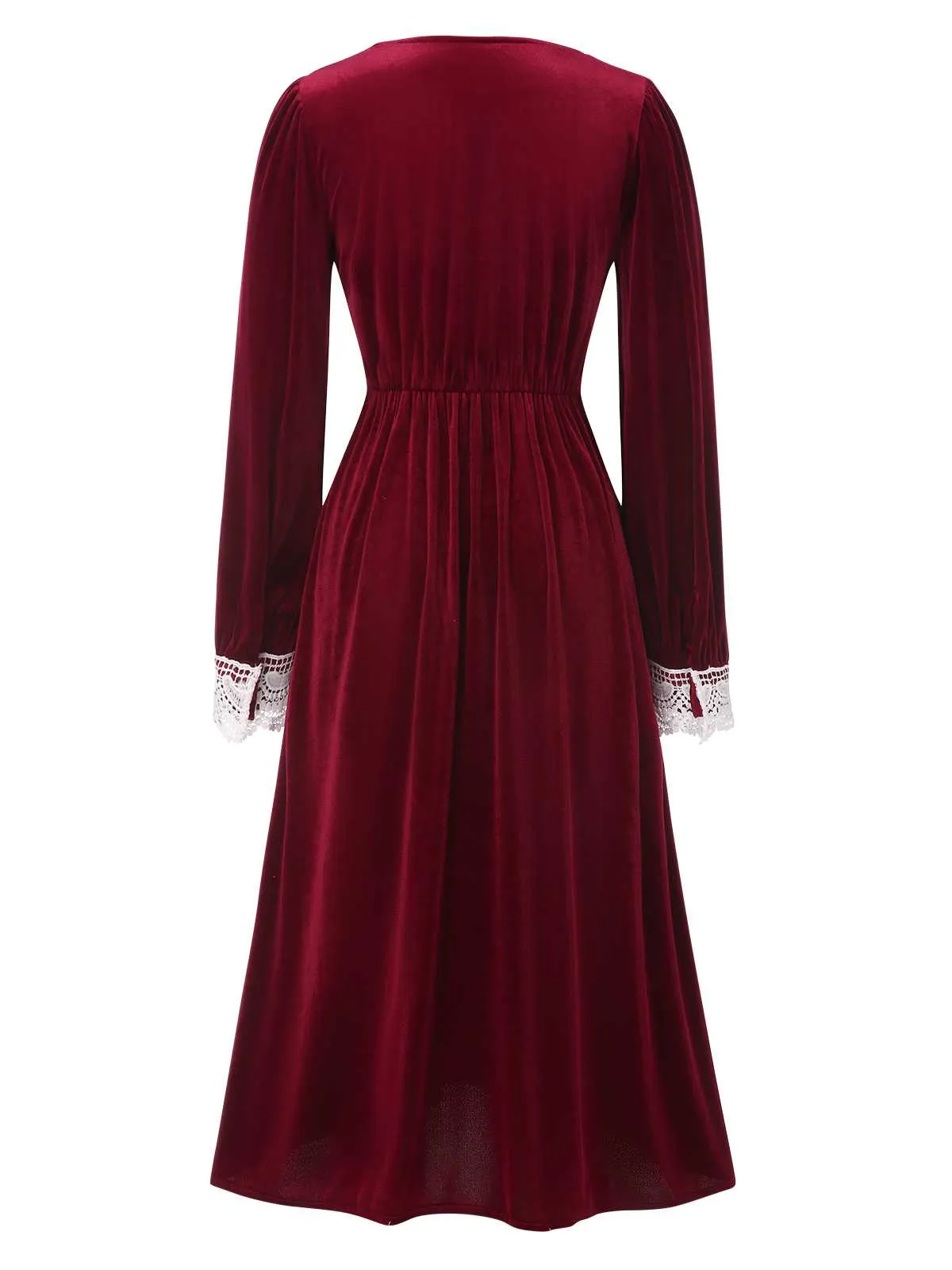 Wine Red 1940s V-Neck Velvet Lace Dress sold by Retro Stage product image thumbnail 3