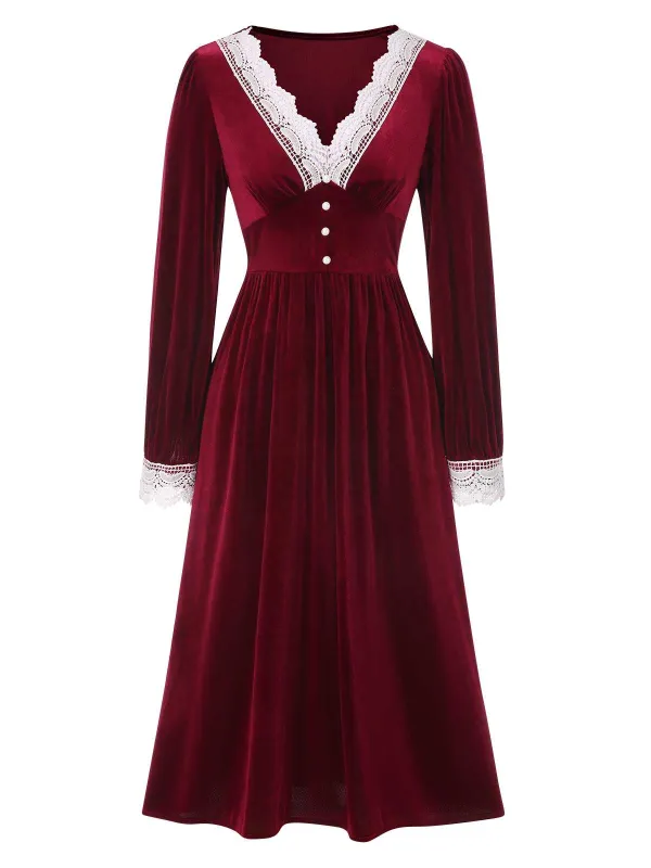 Wine Red 1940s V-Neck Velvet Lace Dress made by Retro Stage