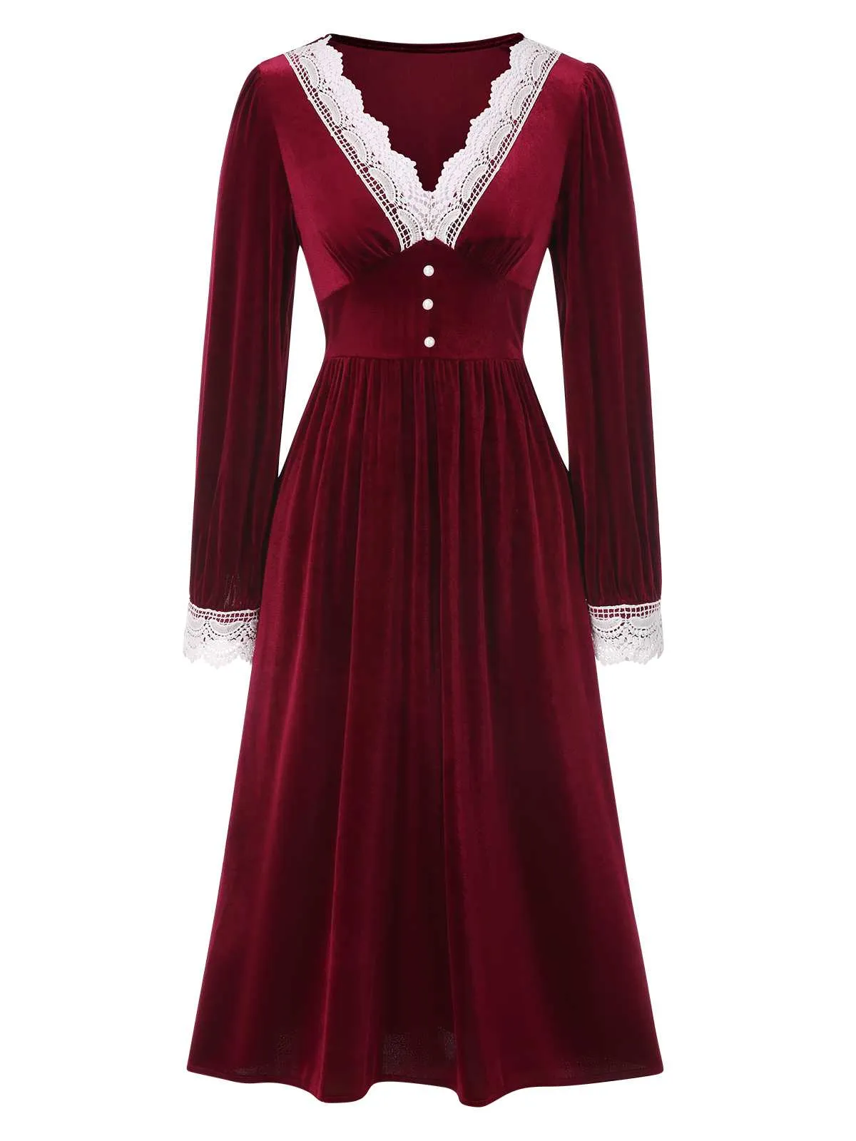 Wine Red 1940s V-Neck Velvet Lace Dress sold by Retro Stage
