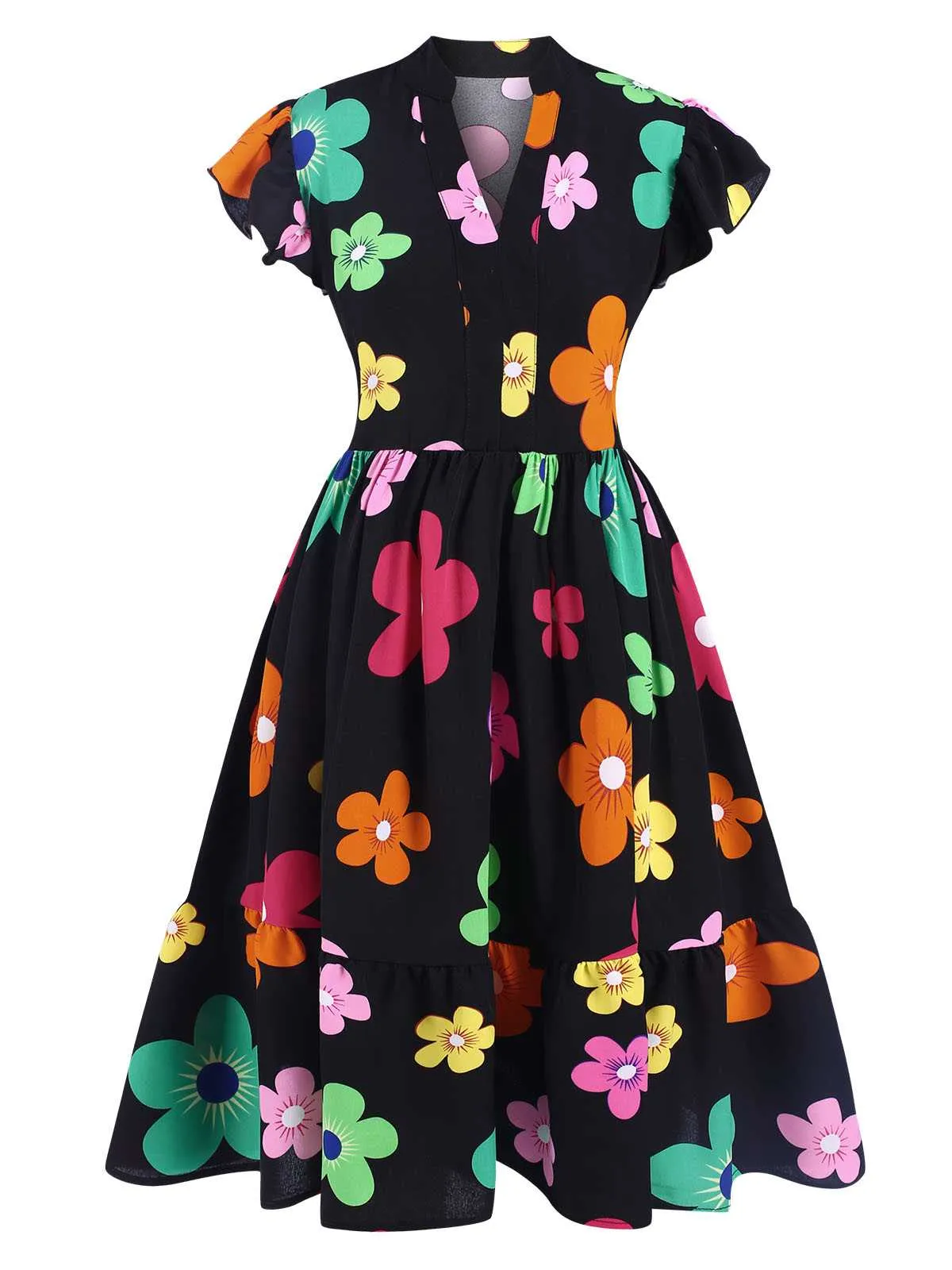 Black 1940s V-Neck Colorful Floral Dress sold by Retro Stage