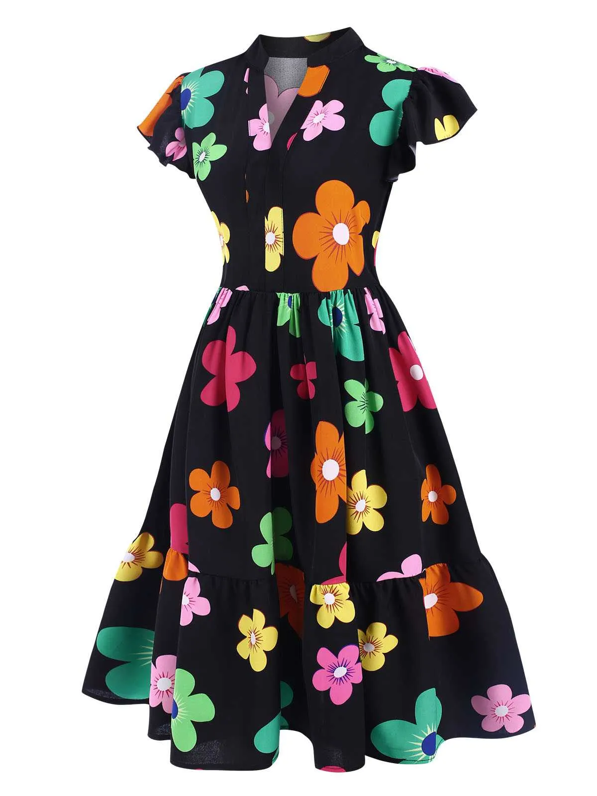 Black 1940s V-Neck Colorful Floral Dress sold by Retro Stage product image thumbnail 2