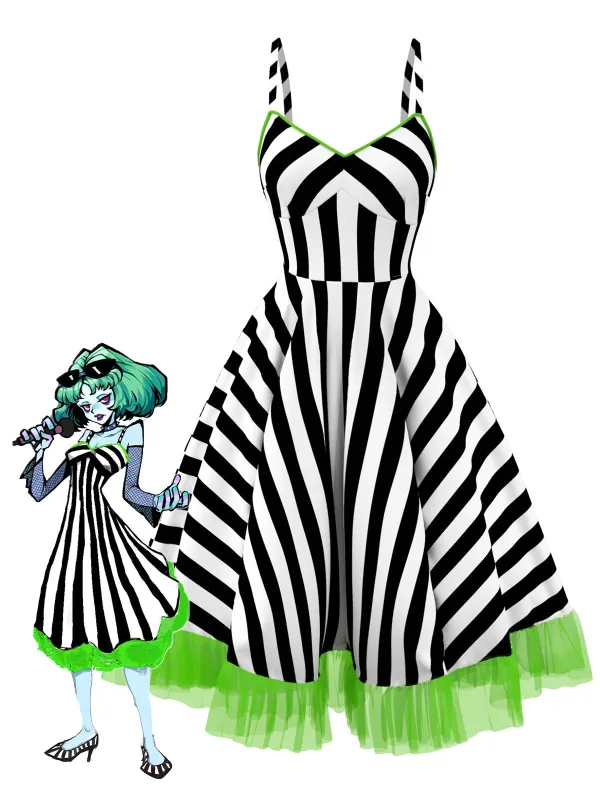 Black&White 1950s Striped Fluorescent Green Lace Dress made by Retro Stage