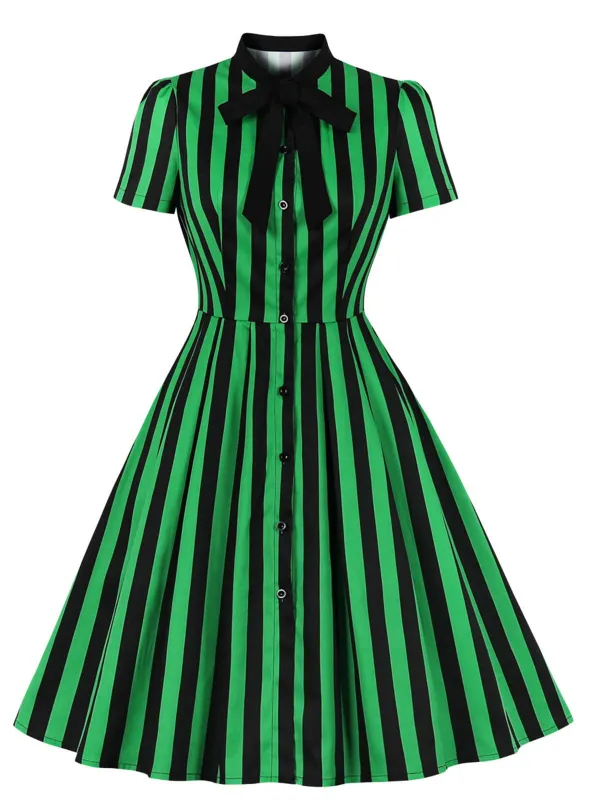 Green 1950s Tie Neck Button Black Stripes Dress made by Retro Stage